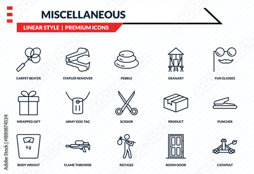 miscellaneous icons set - carpet beater, stapler remover, wrapped gift, refugee, catapult outline vector collection.