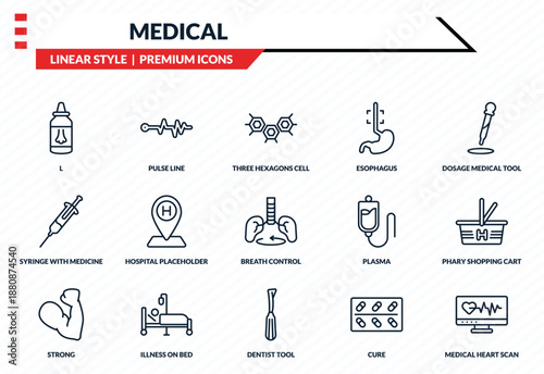 medical icons set - l, pulse line, syringe with medicine, dentist tool, medical heart scan outline vector collection.