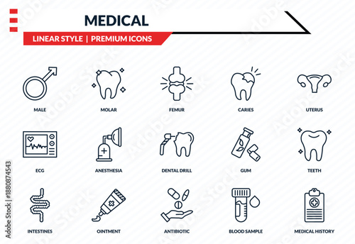 medical icons set - male, molar, ecg, antibiotic, medical history outline vector collection.