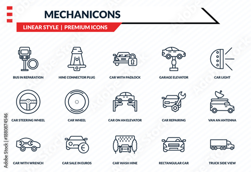 mechanicons icons set - bus in reparation, hine connector plug, car steering wheel, car wash hine, truck side view outline vector collection.