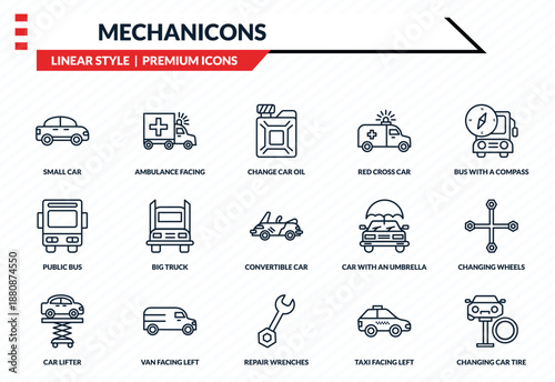 mechanicons icons set - small car, ambulance facing left, public bus, repair wrenches, changing car tire outline vector collection.