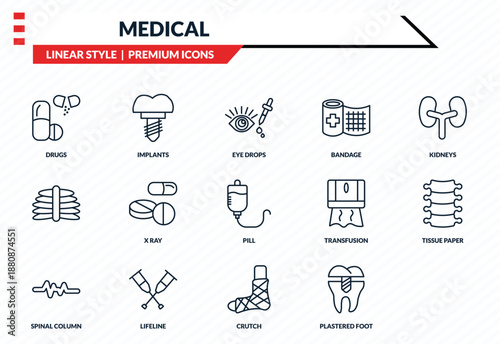 medical icons set - drugs, implants, , crutch, premolar outline vector collection.