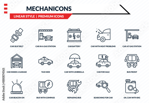 mechanicons icons set - car seat belt, car in a gas station, car inside a garage, repairing bus, oil can with big drop outline vector collection.