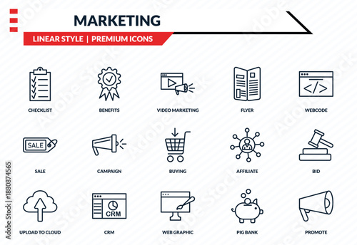 marketing icons set - checklist, benefits, sale, web graphic, promote outline vector collection.