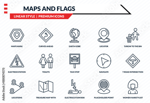 maps and flags icons set - maps mark, curves ahead, electrocutation danger, electrocution risk, women hairstylist outline vector collection.