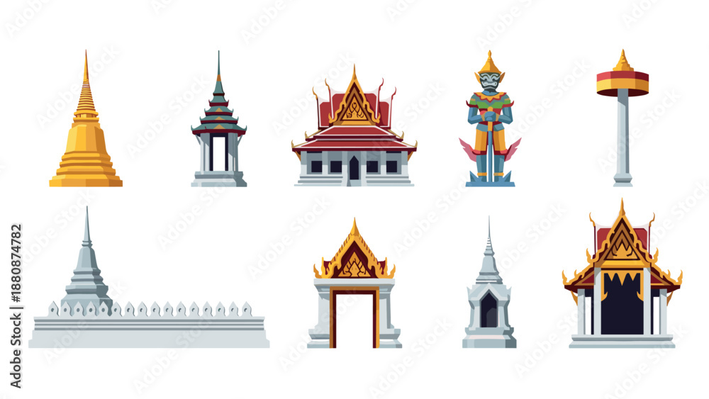Obraz premium Traditional thai architecture icons: temples, statues, stupas, pagodas