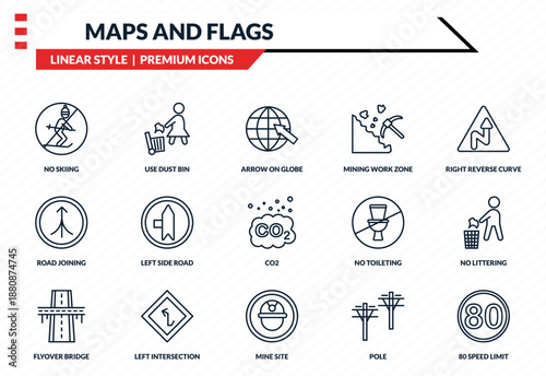 maps and flags icons set - no skiing, use dust bin, road joining, mine site, 80 speed limit outline vector collection.