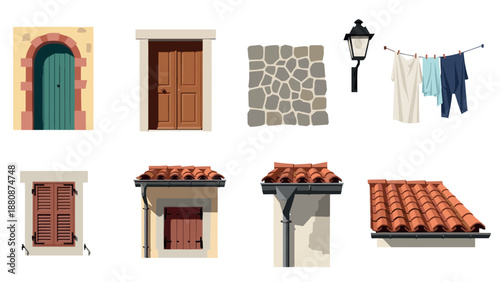 Stylish architectural elements: doors, windows, and roofs in flat design