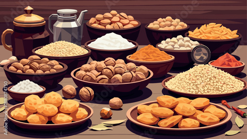 Assorted nuts and spices on a wooden table