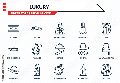 luxury icons set - gold bar, lux car, car collection, pocket watch, vest suit outline vector collection.