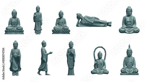 3d buddha statues set in various meditative and resting poses on white background