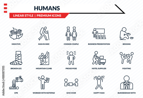 humans icons set - high five, man in hike, broken leg, give over, businessman with tie outline vector collection.