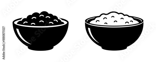 Black and white illustration of two bowls of food, one with dark berries and one with white rice