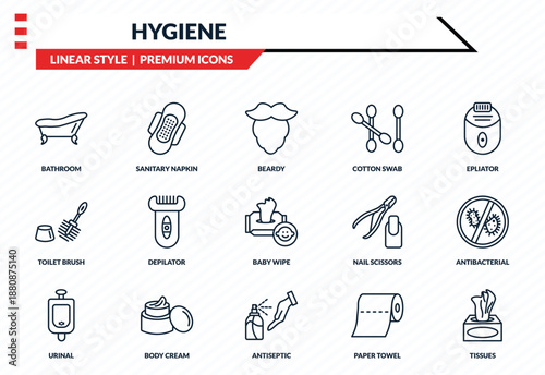 hygiene icons set - bathroom, sanitary napkin, toilet brush, antiseptic, tissues outline vector collection.