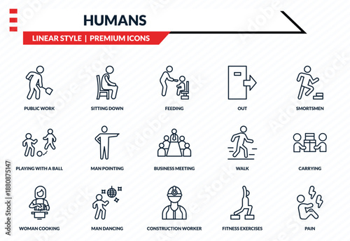 humans icons set - public work, sitting down, playing with a ball, construction worker, pain outline vector collection.
