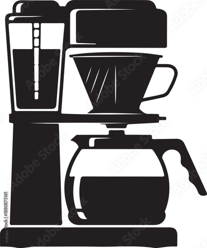 Coffee maker icon with coffee pot and filter on transparent background