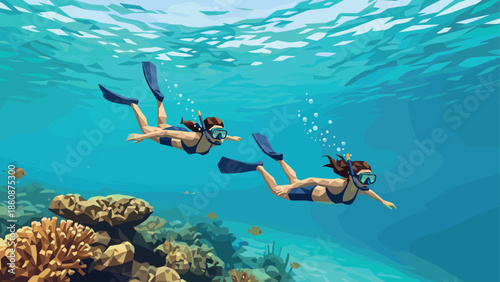 Vibrant underwater adventure with snorkelers exploring colorful coral reefs
