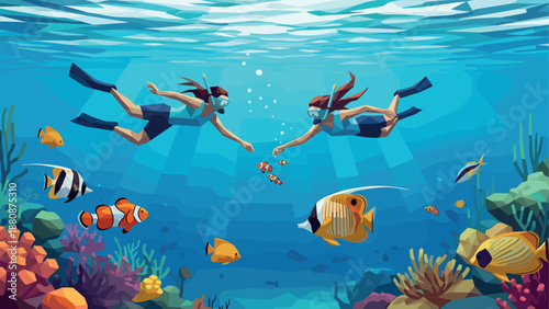Low poly art of snorkelers exploring vibrant coral reef with exotic fish