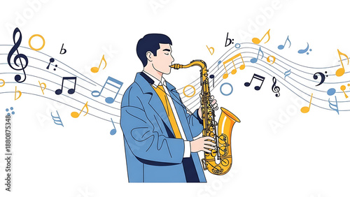 Man playing saxophone with musical notes flowing in the background, illustration.