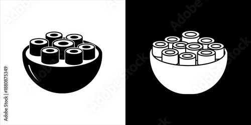 Stylized vector illustration of traditional Japanese maki sushi rolls served in a minimalist bowl concept