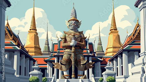 Giant guardian statue at thai temple with golden spires and vibrant colors in daylight