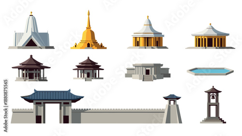 Architectural landmarks set with temples, pagodas, and historical structures