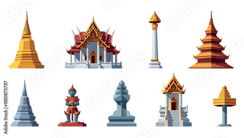 Traditional thai architecture collection with pagodas and temples in flat design