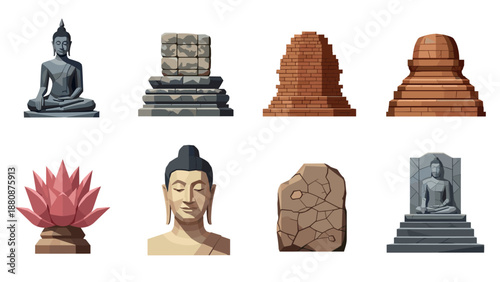 Ancient architecture and artifacts in diverse styles on white background