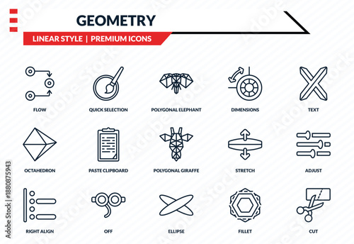 geometry icons set - flow, quick selection, octahedron, ellipse, cut outline vector collection.
