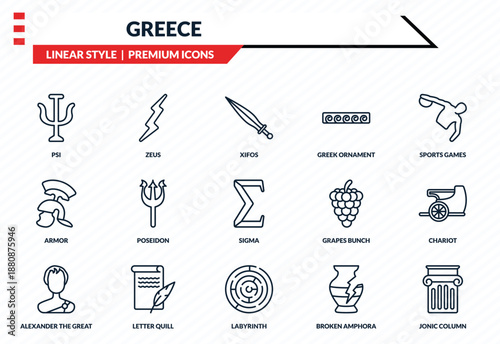 greece icons set - psi, zeus, armor, labyrinth, jonic column outline vector collection.