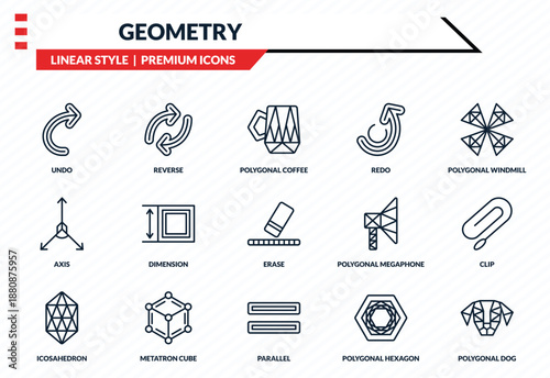 geometry icons set - undo, reverse, axis, parallel, polygonal dog outline vector collection.