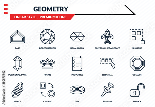 geometry icons set - base, dodecahedron, polygonal jewel, disk, unlock outline vector collection.