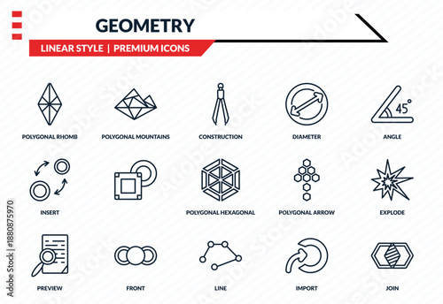 geometry icons set - polygonal rhomb, polygonal mountains, insert, line, join outline vector collection.
