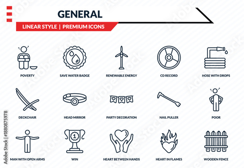 general icons set - poverty, save water badge, deckchair, heart between hands, wooden fence outline vector collection.