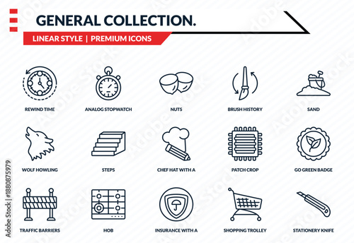 general collection. icons set - rewind time, analog stopwatch, wolf howling, insurance with a button, stationery knife outline vector collection.