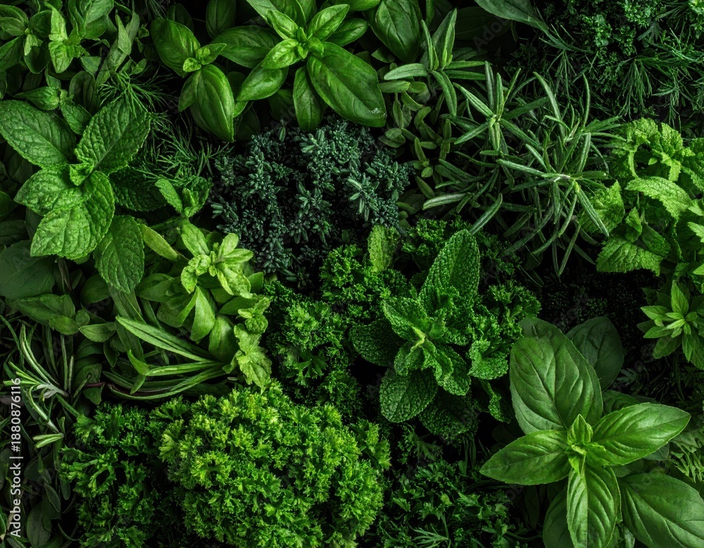 Naklejka premium Fresh Green Herbs Collection on Dark Background for Culinary Use