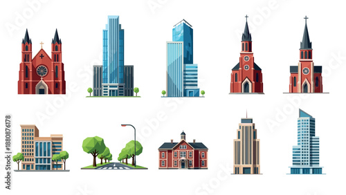 Diverse urban architecture: modern skyscrapers and classic churches in flat design