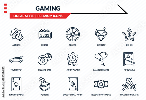 gaming icons set - actions, scores, trunk open, queen of diamonds, role playing game outline vector collection.
