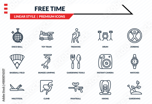 free time icons set - disco ball, toy train, baseball field, paintball, gardening outline vector collection.