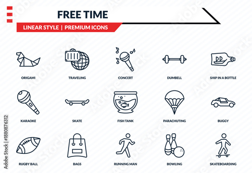 free time icons set - origami, traveling, karaoke, running man, skateboarding outline vector collection.