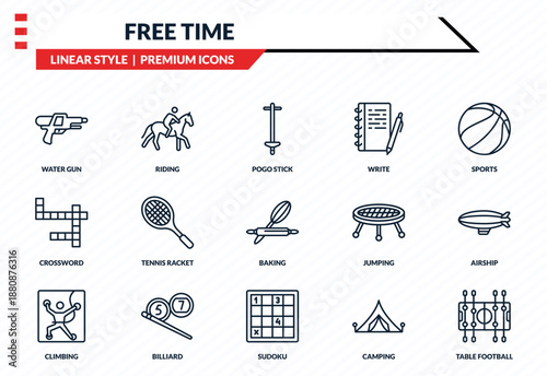 free time icons set - water gun, riding, crossword, sudoku, table football outline vector collection.