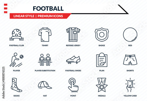 football icons set - football club, tshirt, player, point, yellow card outline vector collection.