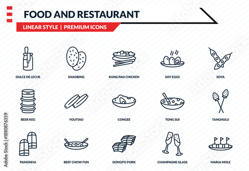 food and restaurant icons set - dulce de leche, shaobing, beer keg, dongpo pork, maria mole outline vector collection.
