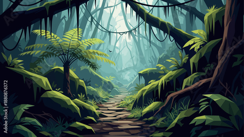 Discover the enchantment of a tropical jungle pathway with lush greenery