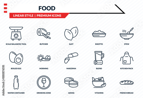 food icons set - scale balanced tool, butcher, boiled egg, arons, french bread outline vector collection.
