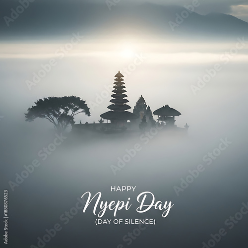 Happy Nyepi Day (Day of Silence) - a serene Balinese temple shrouded in mist, celebrating peace and reflection