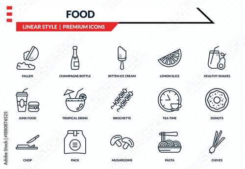 food icons set - fallen, champagne bottle, junk food, mushrooms, chives outline vector collection.
