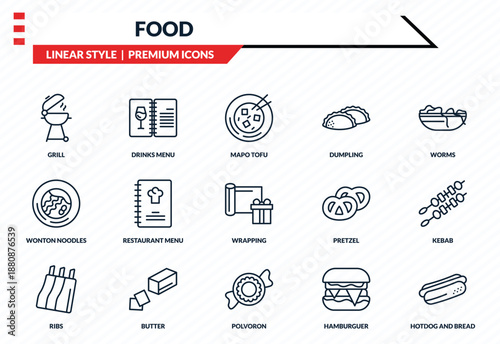 food icons set - grill, drinks menu, wonton noodles, polvoron, hotdog and bread outline vector collection.