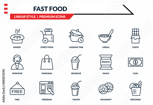 fast food icons set - bakery, street food, operator, frappe, groceries outline vector collection.