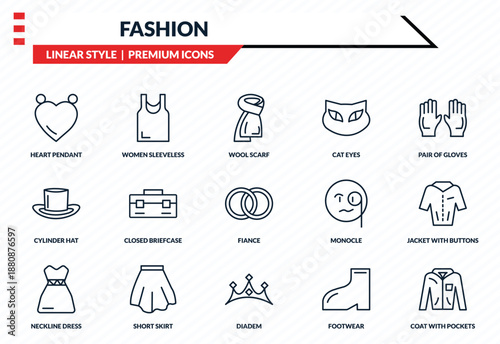 fashion icons set - heart pendant, women sleeveless shirt, cylinder hat, diadem, coat with pockets outline vector collection.